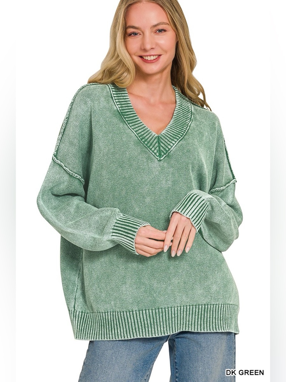 Zenana Washed Deep V-neck Oversized Sweater 10010051358